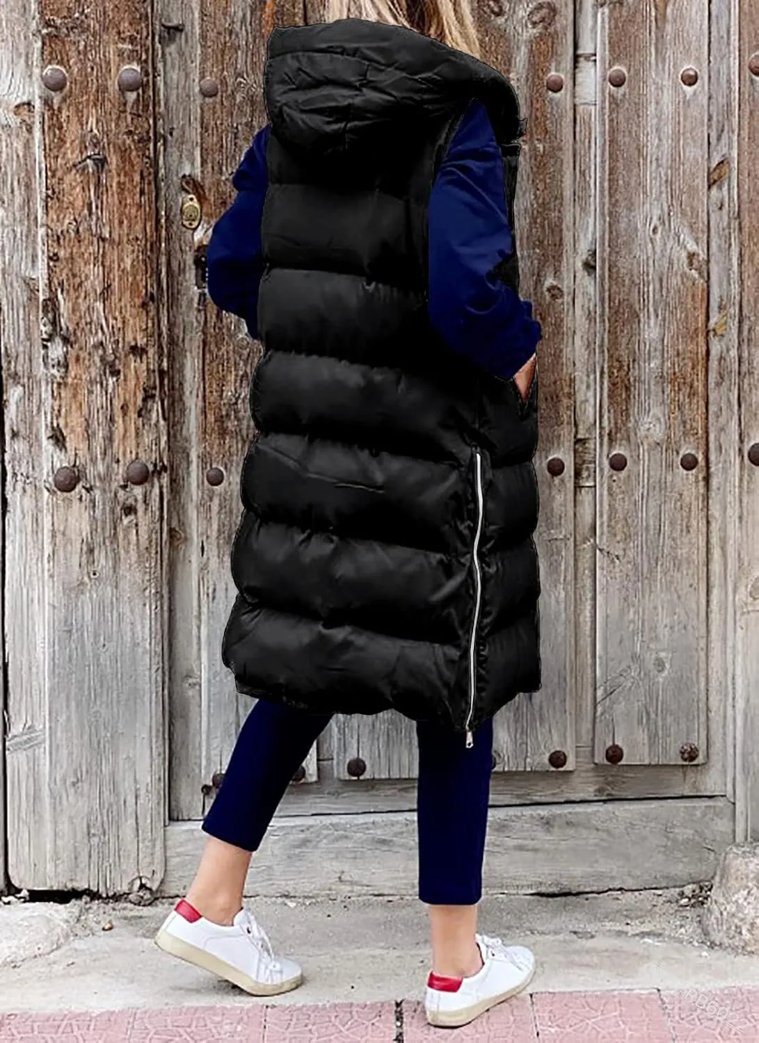 Women's Hooded Long Down Vest Full-Zip Sleeveless Puffer Vest Fashionable Coats Jacket