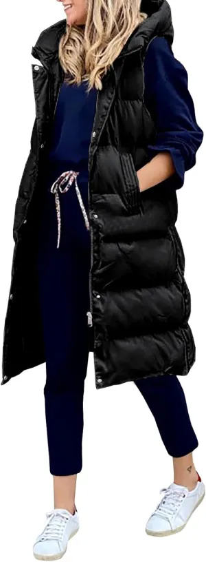 Women's Hooded Long Down Vest Full-Zip Sleeveless Puffer Vest Fashionable Coats Jacket