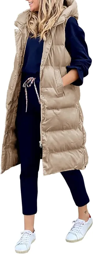 Women's Hooded Long Down Vest Full-Zip Sleeveless Puffer Vest Fashionable Coats Jacket
