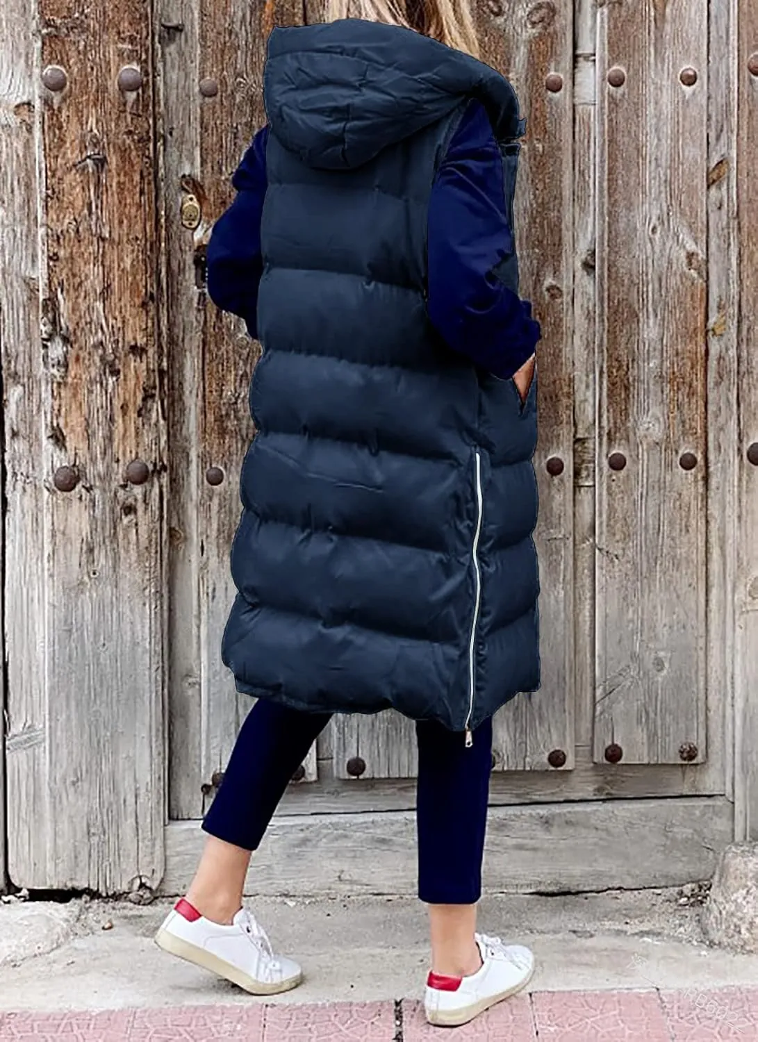 Women's Hooded Long Down Vest Full-Zip Sleeveless Puffer Vest Fashionable Coats Jacket
