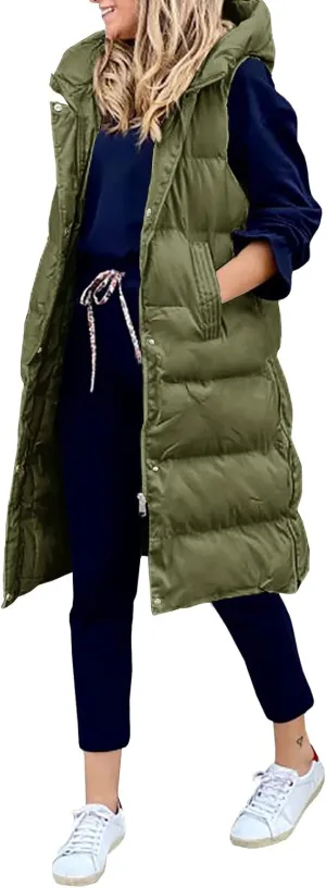 Women's Hooded Long Down Vest Full-Zip Sleeveless Puffer Vest Fashionable Coats Jacket