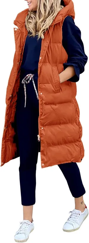 Women's Hooded Long Down Vest Full-Zip Sleeveless Puffer Vest Fashionable Coats Jacket