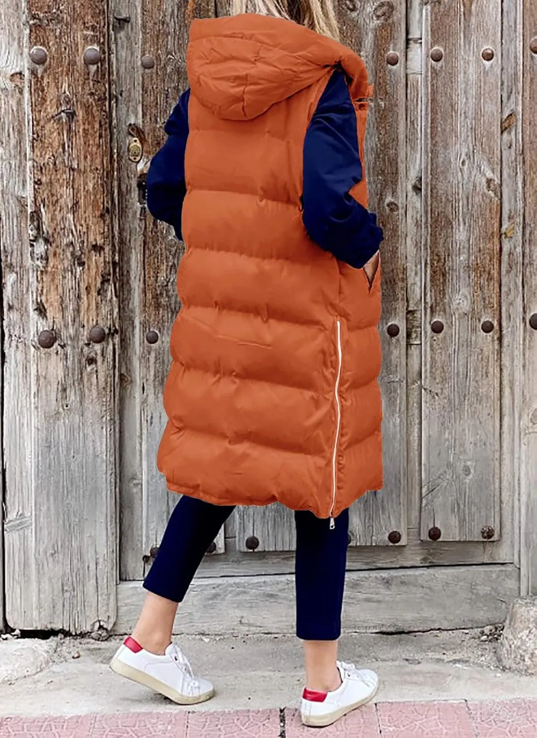 Women's Hooded Long Down Vest Full-Zip Sleeveless Puffer Vest Fashionable Coats Jacket