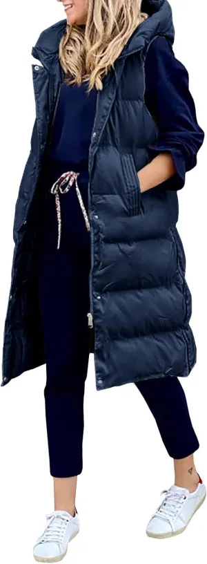 Women's Hooded Long Down Vest Full-Zip Sleeveless Puffer Vest Fashionable Coats Jacket