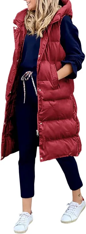 Women's Hooded Long Down Vest Full-Zip Sleeveless Puffer Vest Fashionable Coats Jacket