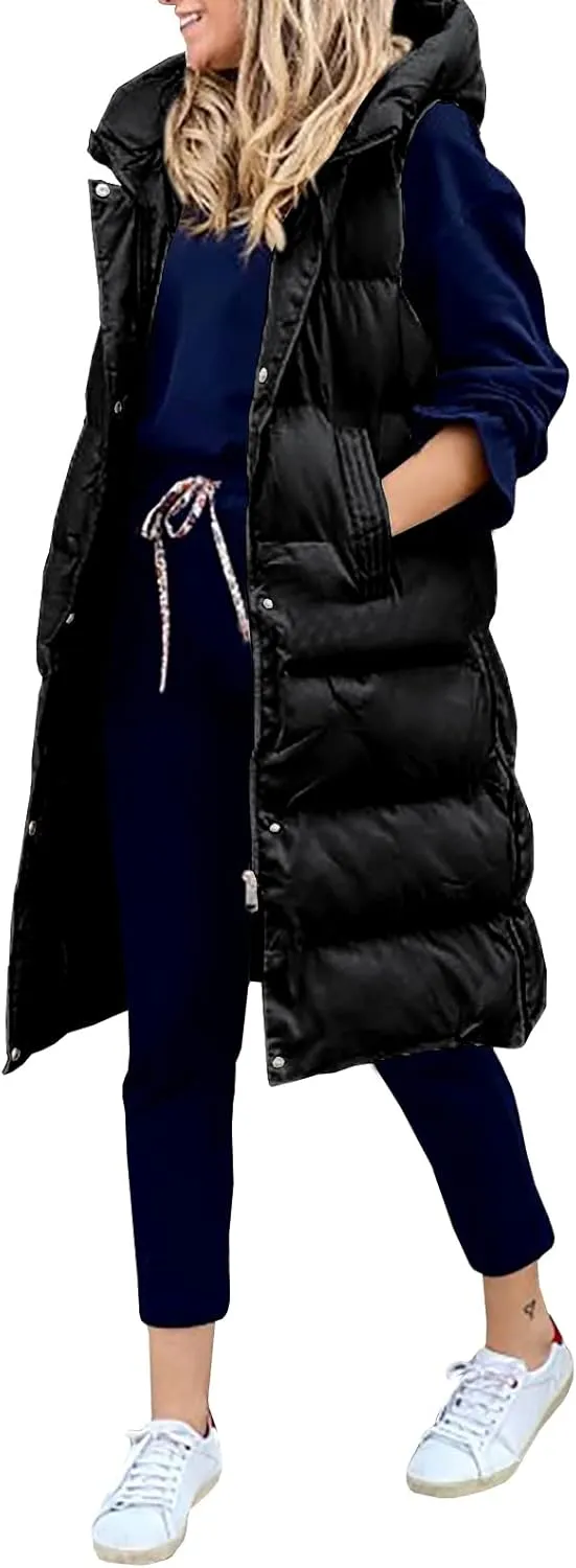 Women's Hooded Long Down Vest Full-Zip Sleeveless Puffer Vest Fashionable Coats Jacket