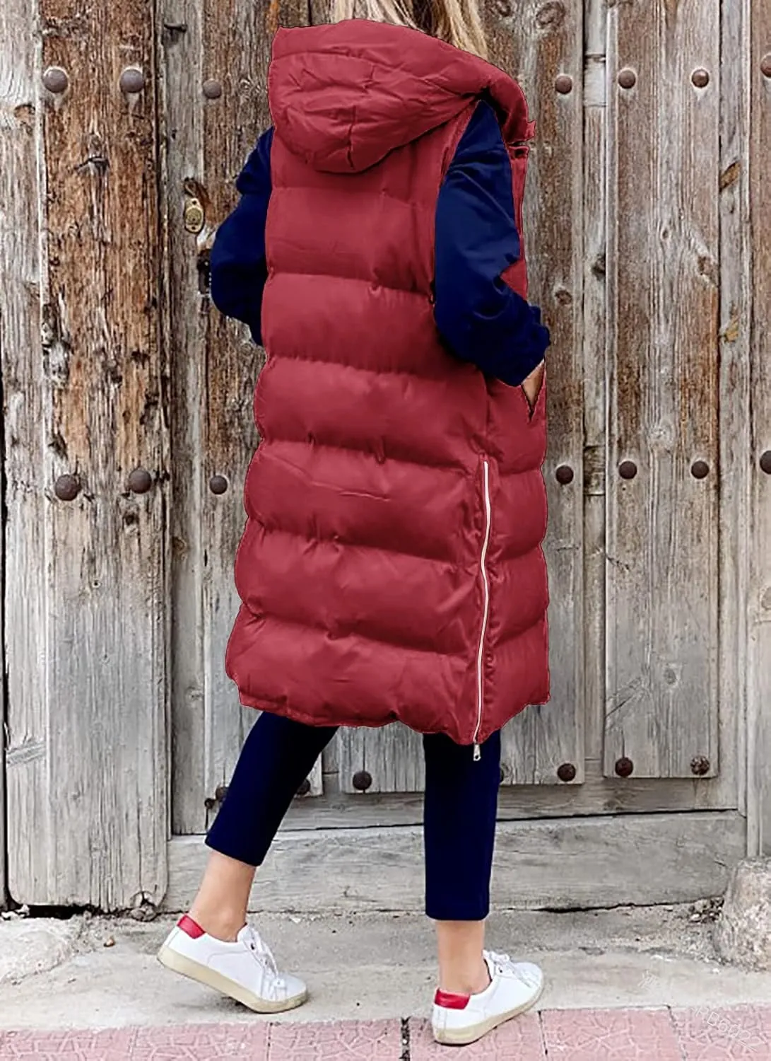 Women's Hooded Long Down Vest Full-Zip Sleeveless Puffer Vest Fashionable Coats Jacket