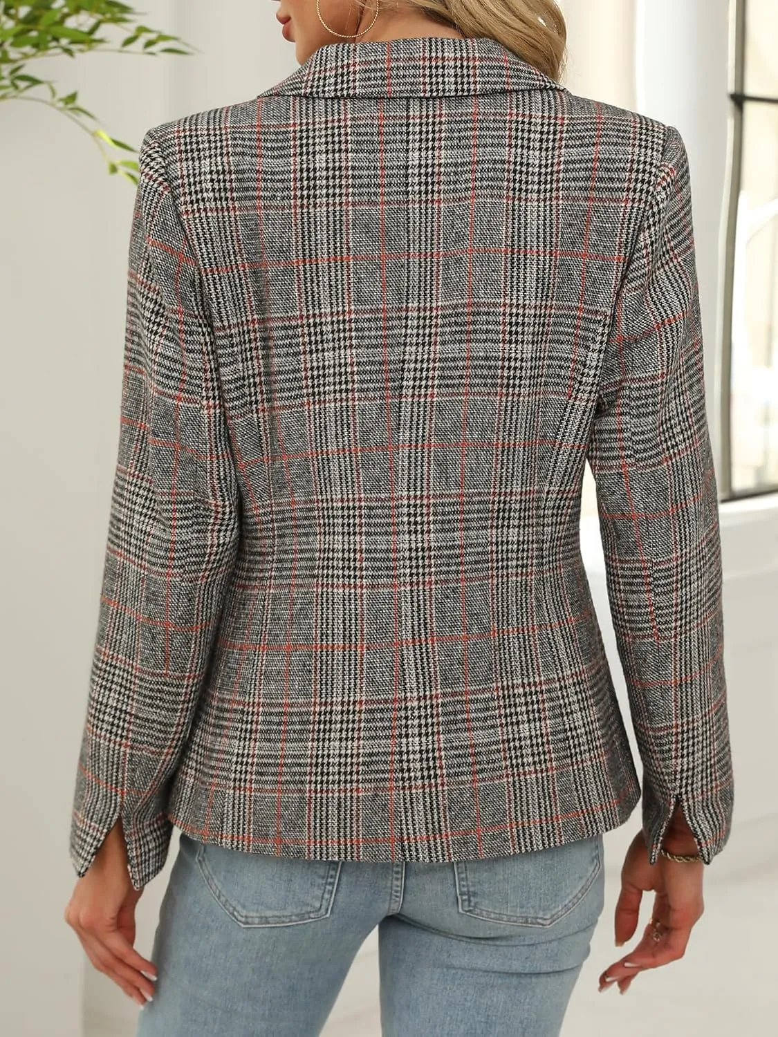 Womens Houndstooth Plaid 2 Button Blazer Jacket Notch Lapel Business Casual Long Sleeve Office Blazer