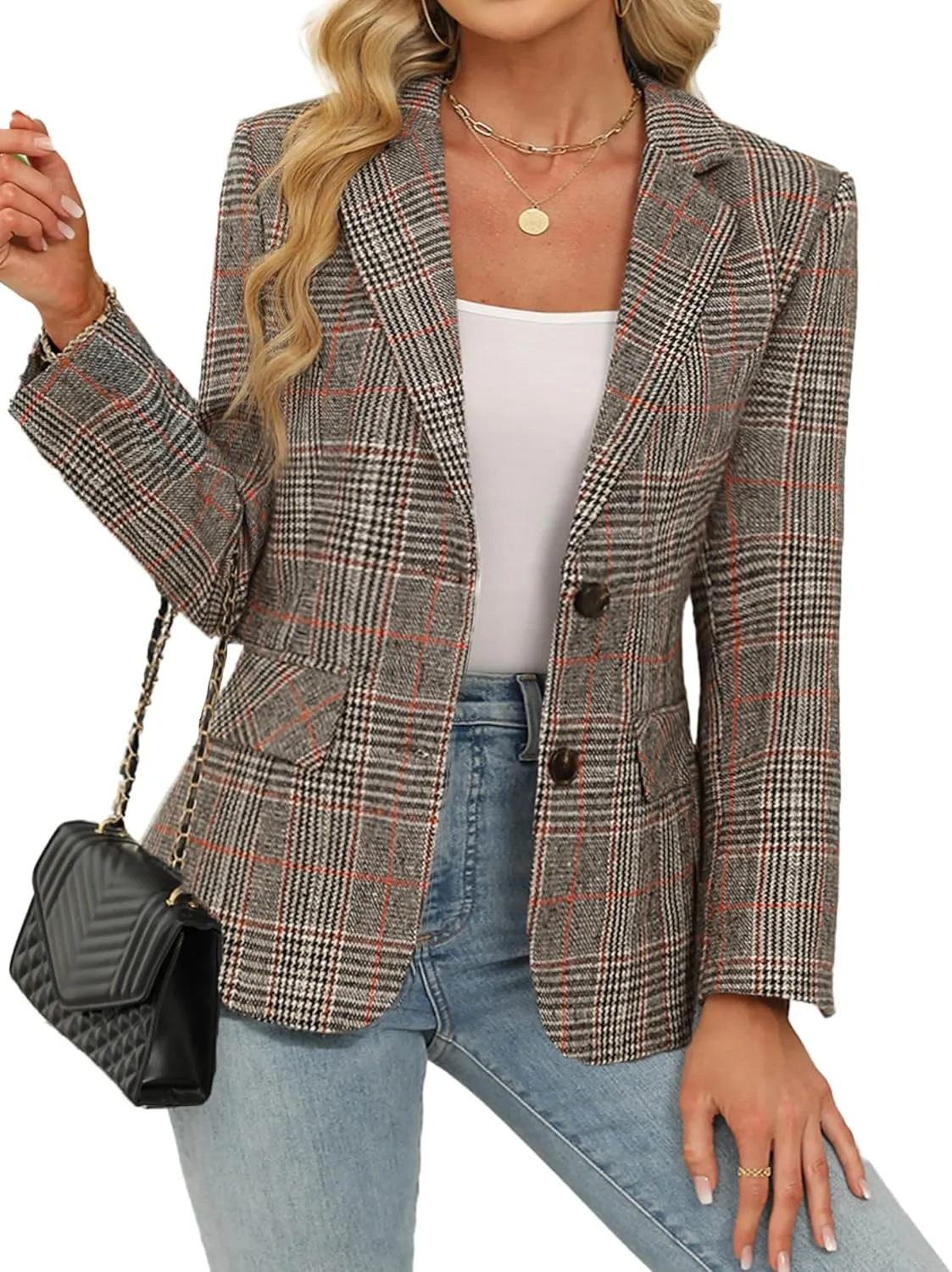 Womens Houndstooth Plaid 2 Button Blazer Jacket Notch Lapel Business Casual Long Sleeve Office Blazer