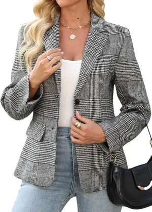 Womens Houndstooth Plaid 2 Button Blazer Jacket Notch Lapel Business Casual Long Sleeve Office Blazer