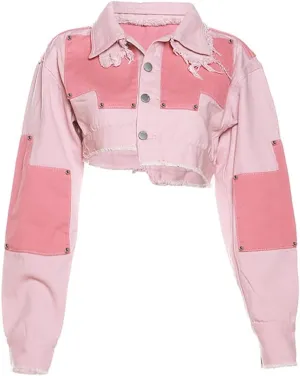 Womens Lapel Denim Cropped Jacket, Long Sleeve Button Down Patchwork Jacket