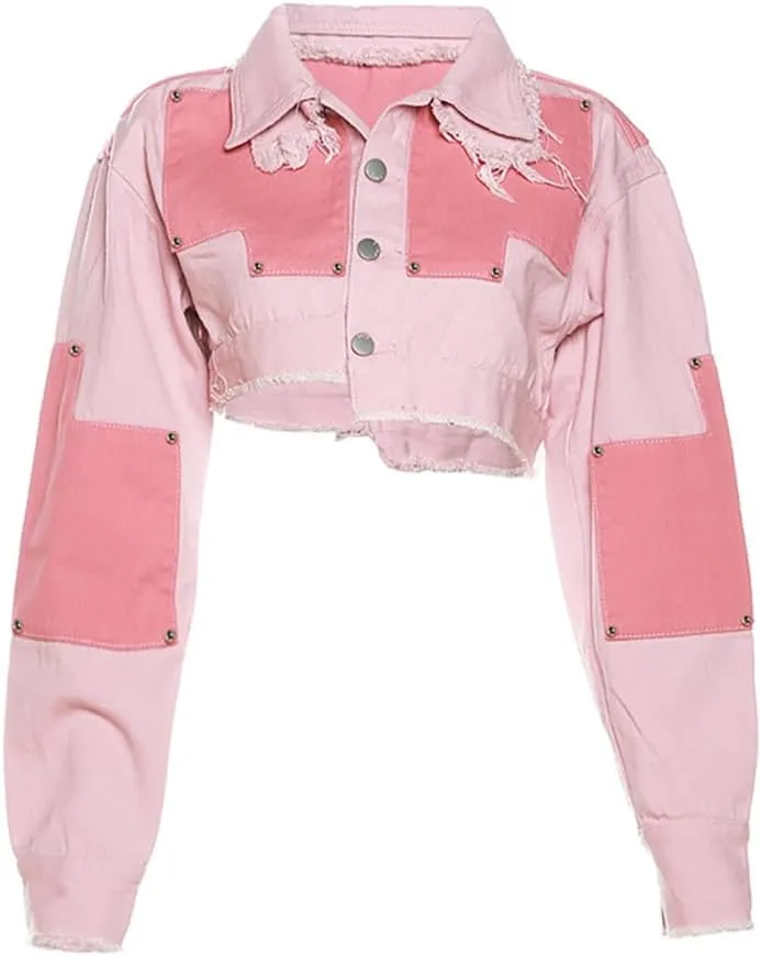 Womens Lapel Denim Cropped Jacket, Long Sleeve Button Down Patchwork Jacket