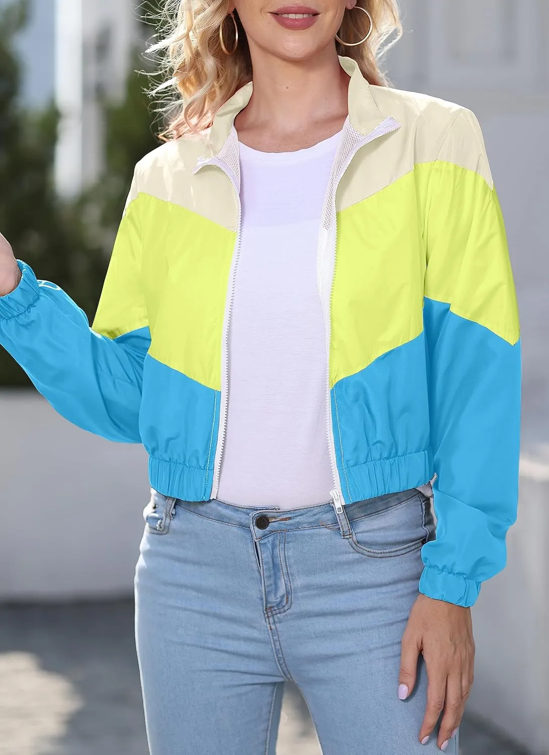 Womens Lightweight Windbreaker Sport Jacket Zip Up Color Block Coat Casual Long Sleeve Jogging Outerwear