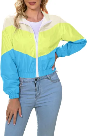 Womens Lightweight Windbreaker Sport Jacket Zip Up Color Block Coat Casual Long Sleeve Jogging Outerwear