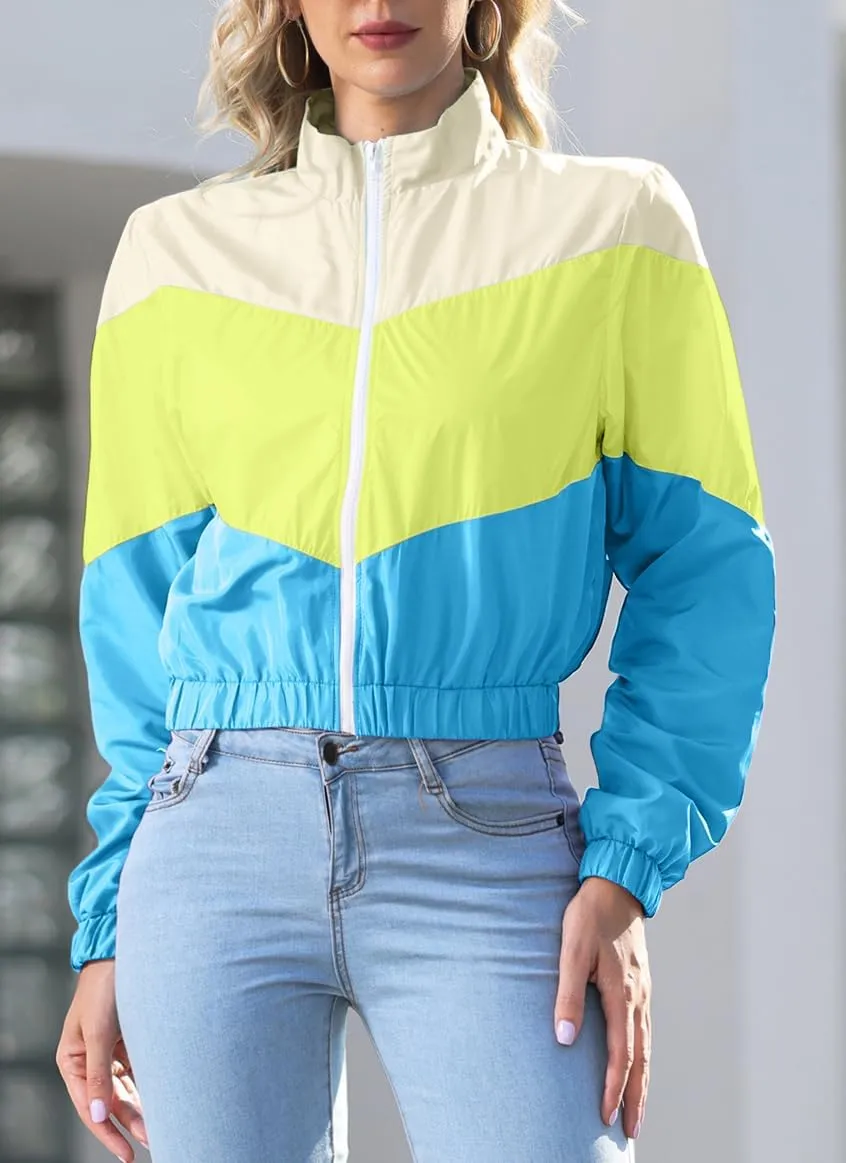 Womens Lightweight Windbreaker Sport Jacket Zip Up Color Block Coat Casual Long Sleeve Jogging Outerwear