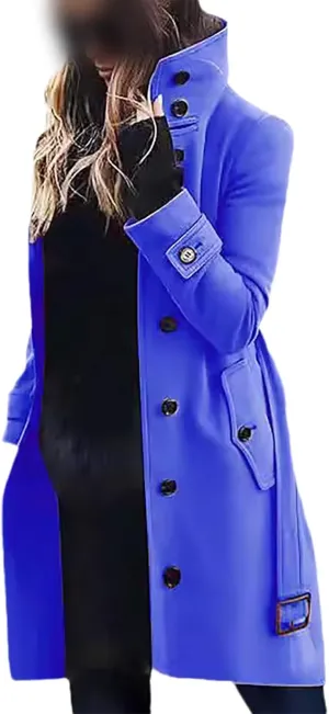 Women's Long Coat Notched Lapel Collar Double Breasted Pea Coat Winter Elegant Wool Blend Over Coats Jackets