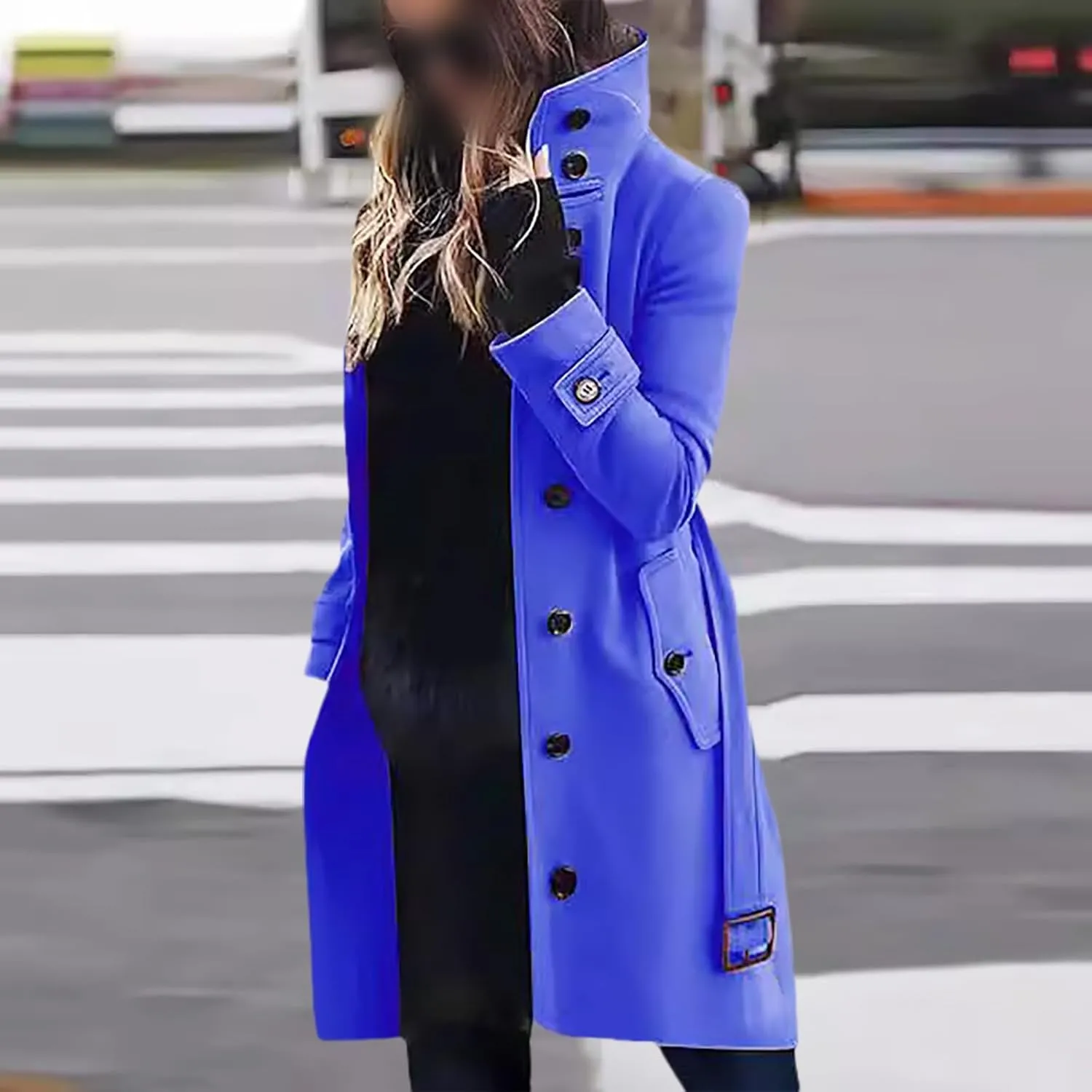 Women's Long Coat Notched Lapel Collar Double Breasted Pea Coat Winter Elegant Wool Blend Over Coats Jackets