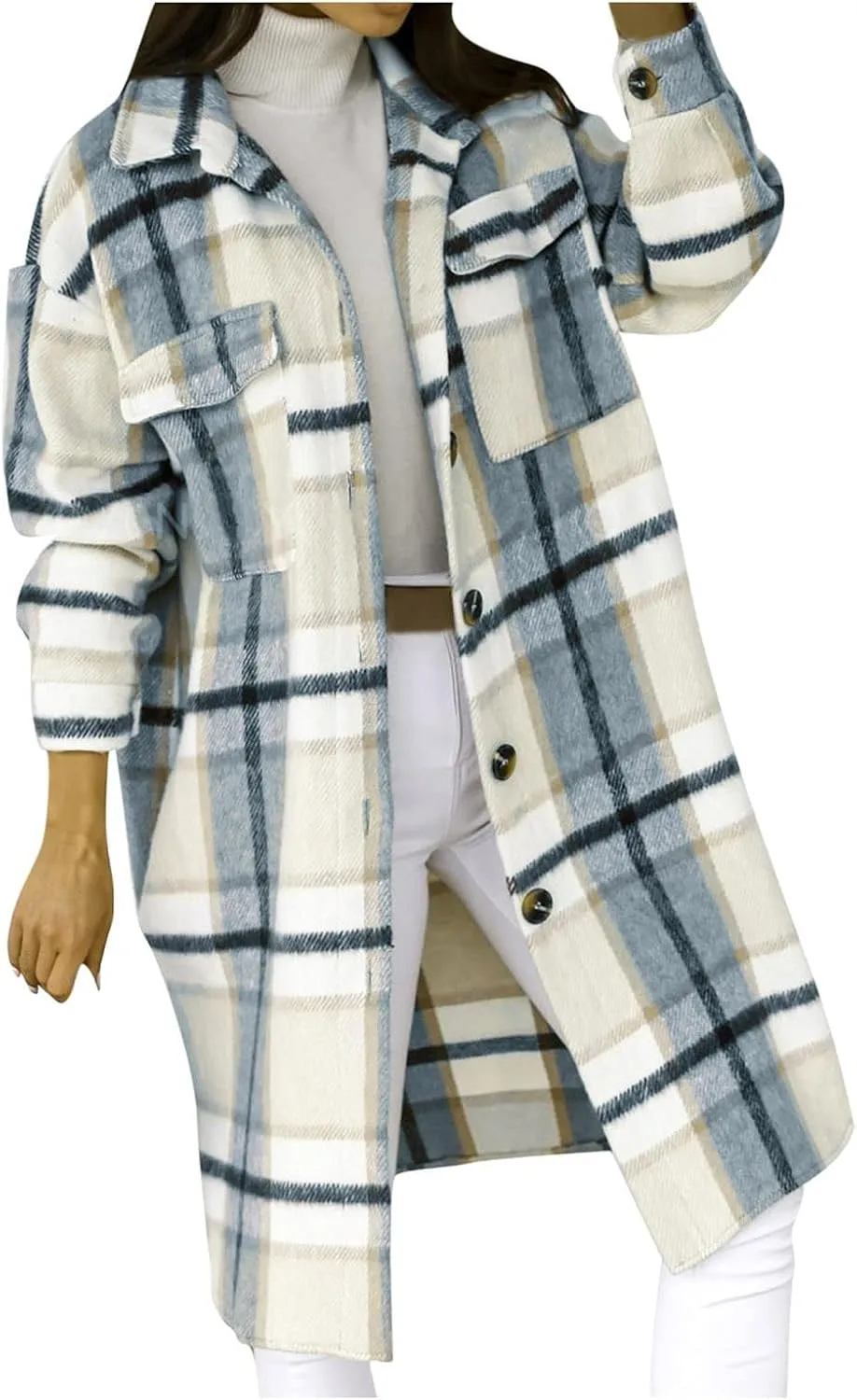Women's Long Flannel Plaid Jacket Shacket Cozy Lapel Button Down Shirt Outerwear Casual Warm Fuzzy Trench Coat