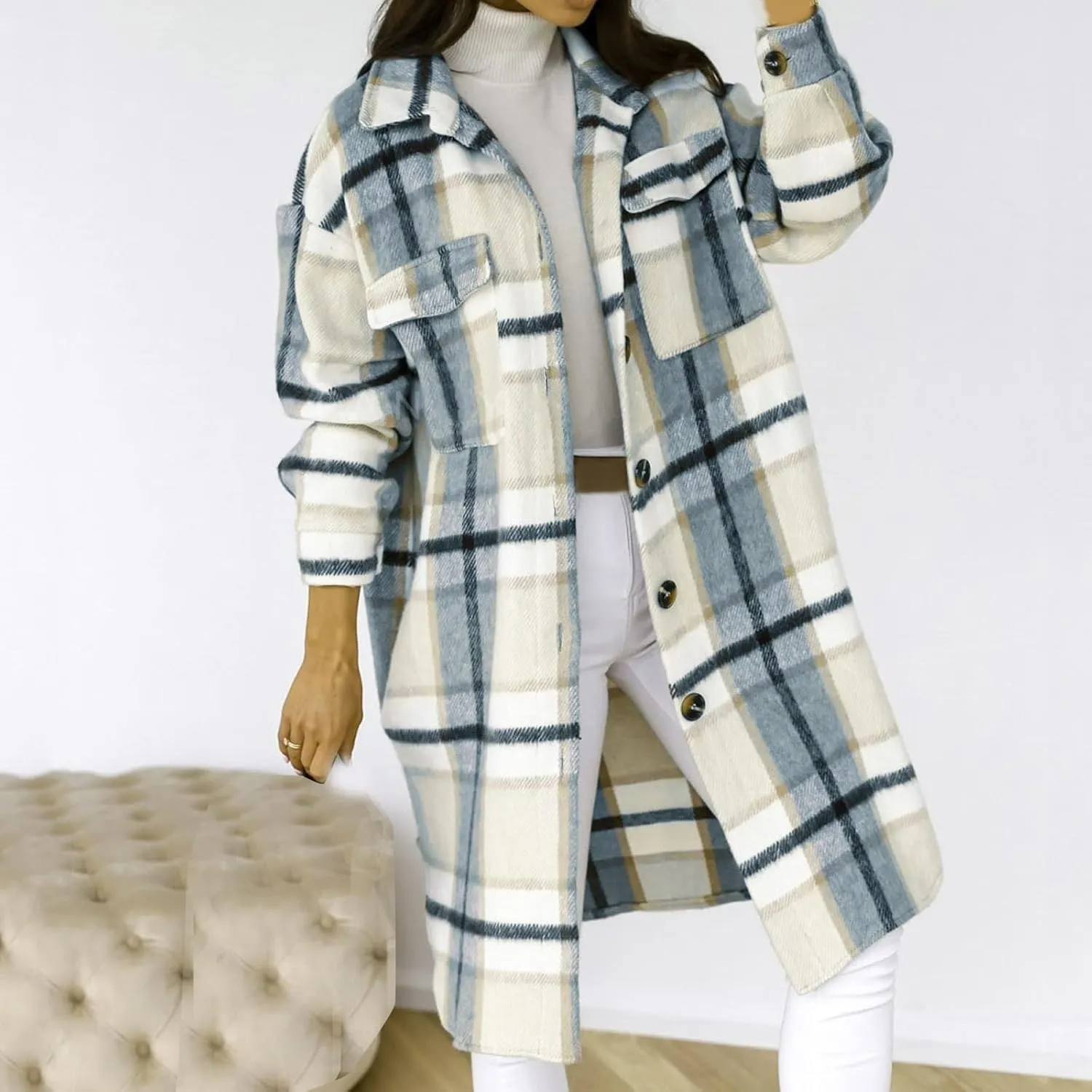 Women's Long Flannel Plaid Jacket Shacket Cozy Lapel Button Down Shirt Outerwear Casual Warm Fuzzy Trench Coat