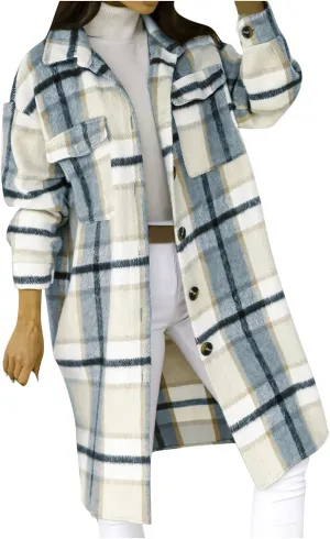 Women's Long Flannel Plaid Jacket Shacket Cozy Lapel Button Down Shirt Outerwear Casual Warm Fuzzy Trench Coat