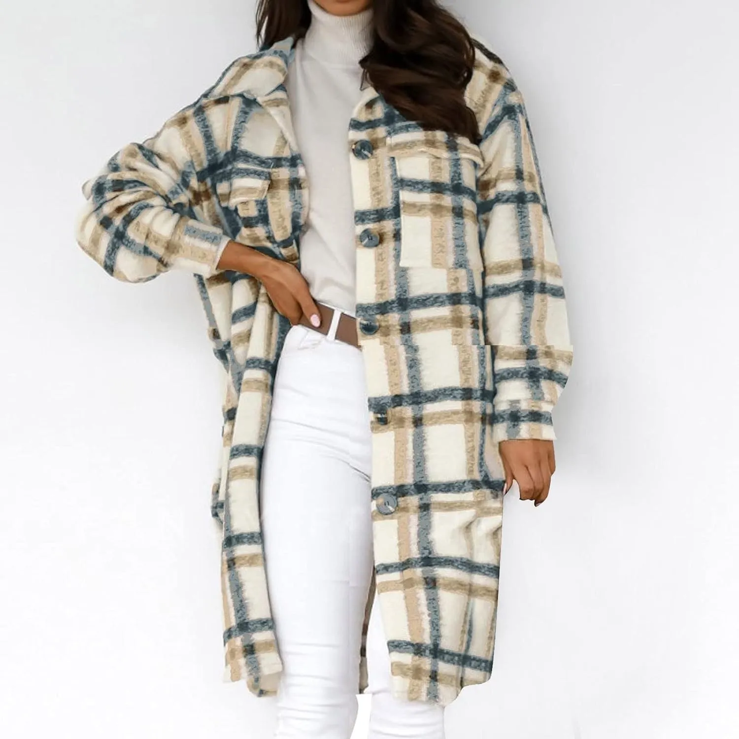 Women's Long Flannel Plaid Jacket Shacket Cozy Lapel Button Down Shirt Outerwear Casual Warm Fuzzy Trench Coat