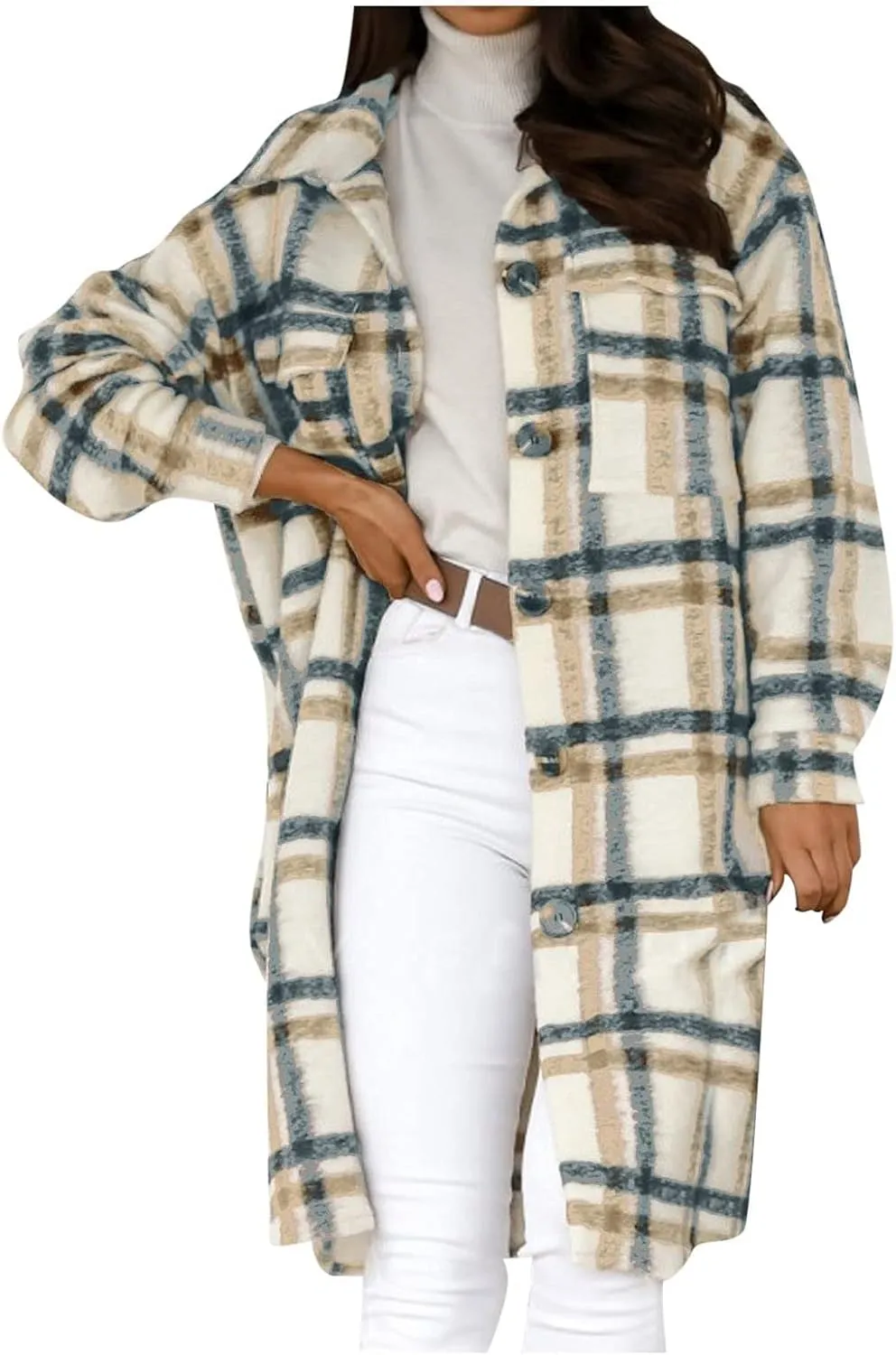 Women's Long Flannel Plaid Jacket Shacket Cozy Lapel Button Down Shirt Outerwear Casual Warm Fuzzy Trench Coat