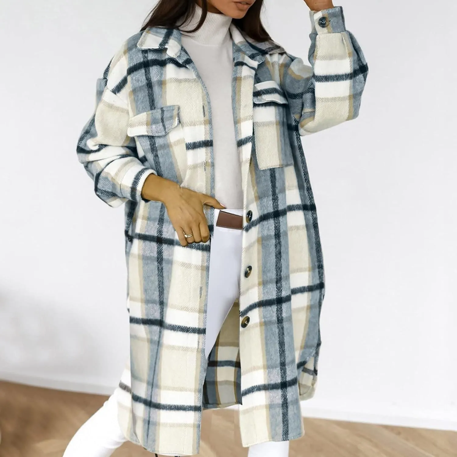Women's Long Flannel Plaid Jacket Shacket Cozy Lapel Button Down Shirt Outerwear Casual Warm Fuzzy Trench Coat