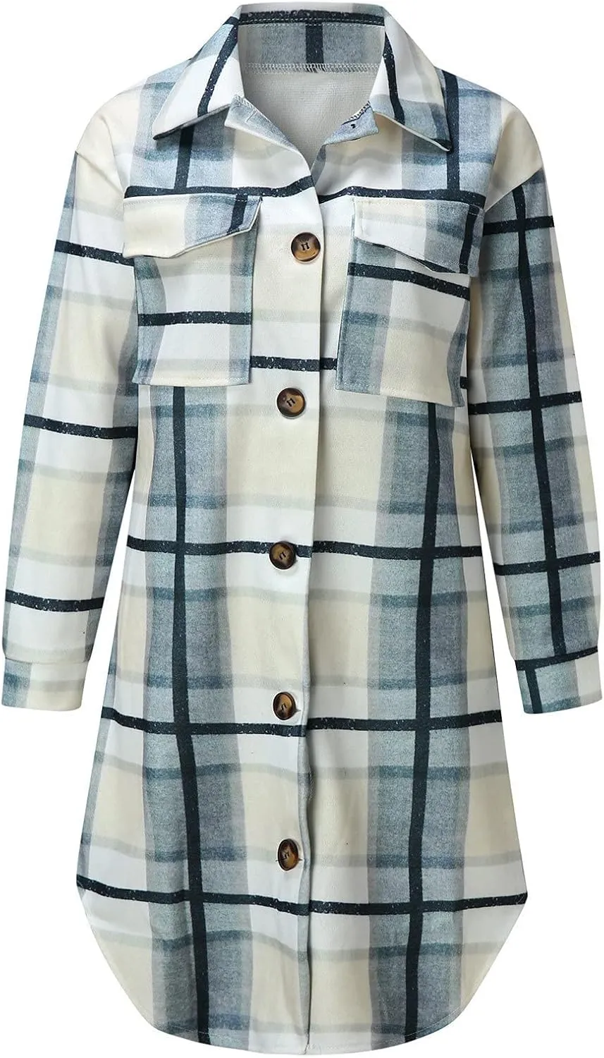 Women's Long Flannel Plaid Jacket Shacket Cozy Lapel Button Down Shirt Outerwear Casual Warm Fuzzy Trench Coat
