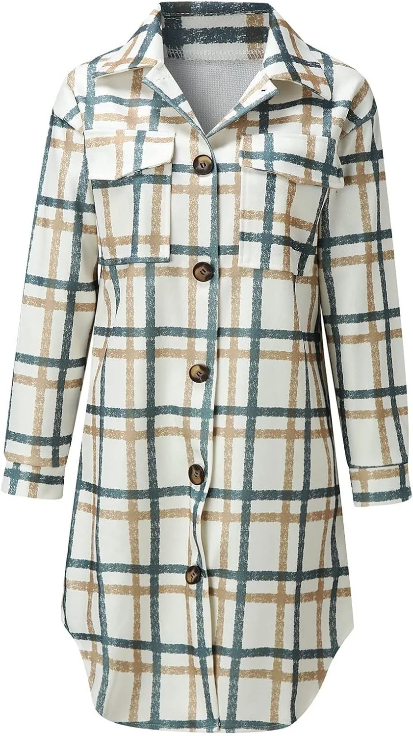 Women's Long Flannel Plaid Jacket Shacket Cozy Lapel Button Down Shirt Outerwear Casual Warm Fuzzy Trench Coat