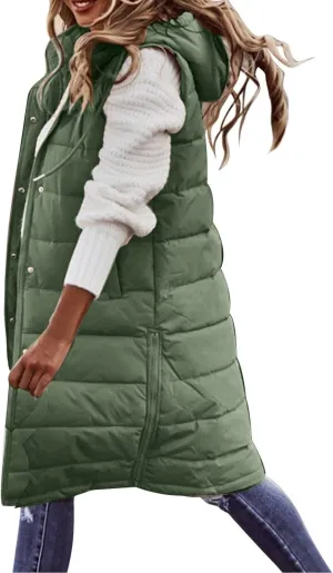 Womens Mid Length Puffer Vest Winter 2023 Drawstring with Hood Classic Light Weight Down Vests Western Padded Warm