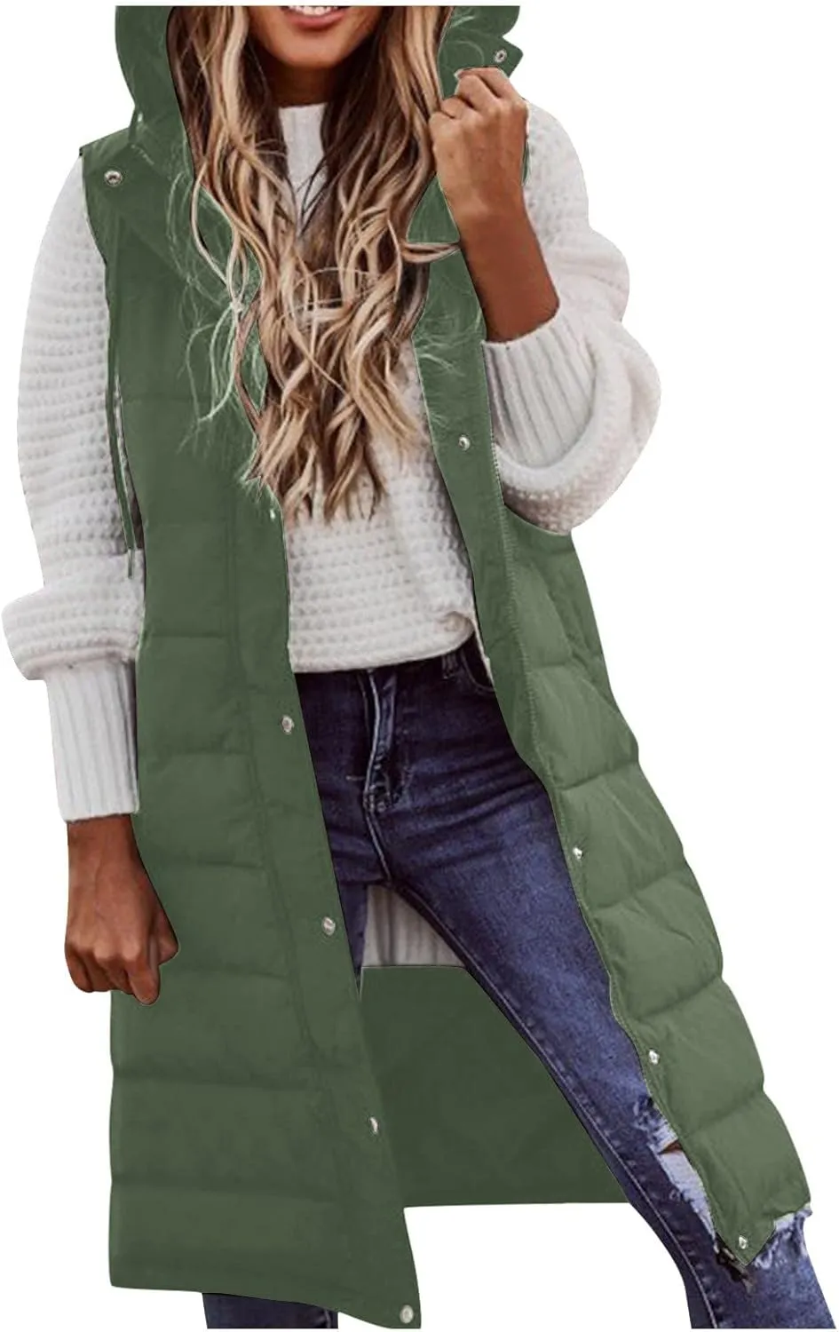 Womens Mid Length Puffer Vest Winter 2023 Drawstring with Hood Classic Light Weight Down Vests Western Padded Warm