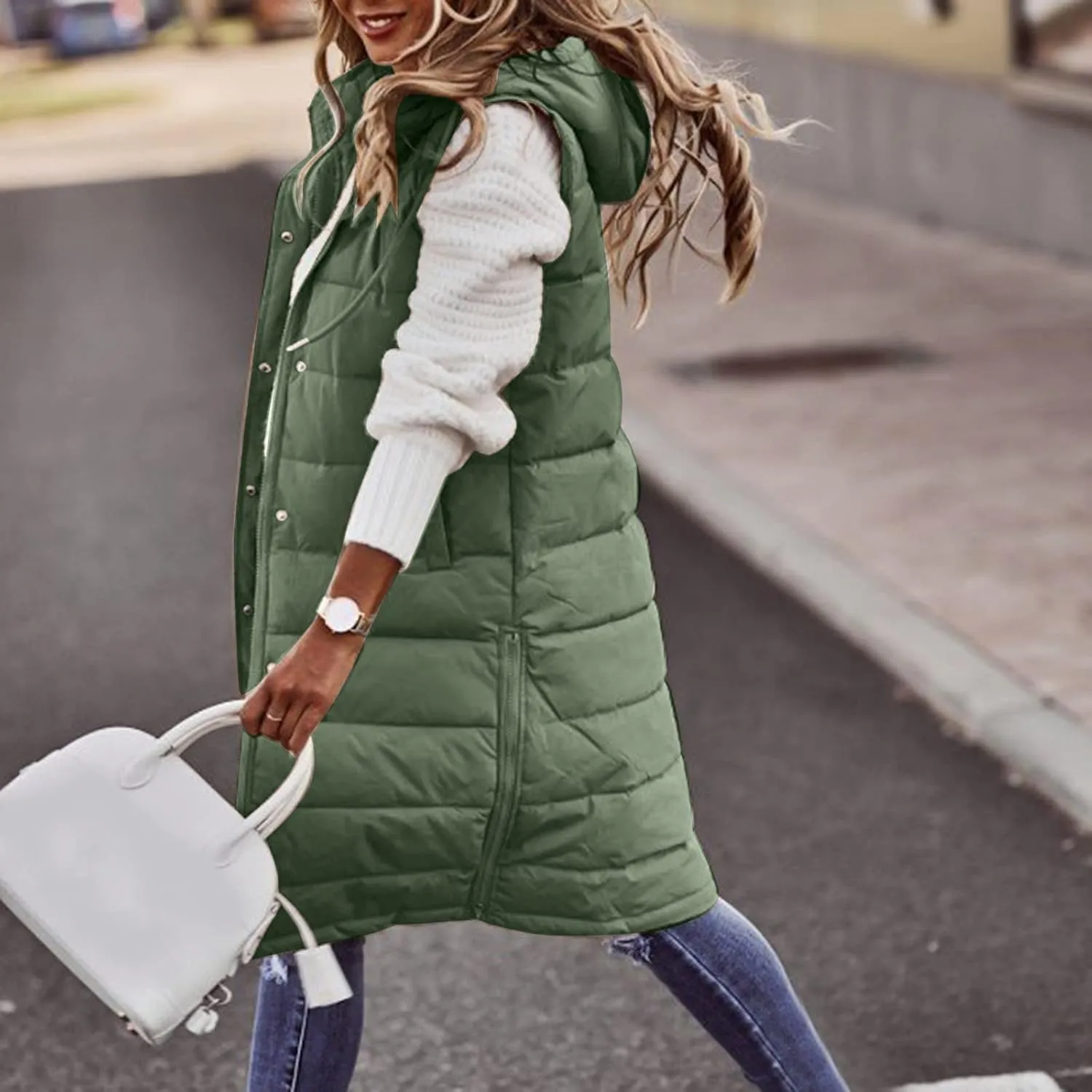 Womens Mid Length Puffer Vest Winter 2023 Drawstring with Hood Classic Light Weight Down Vests Western Padded Warm