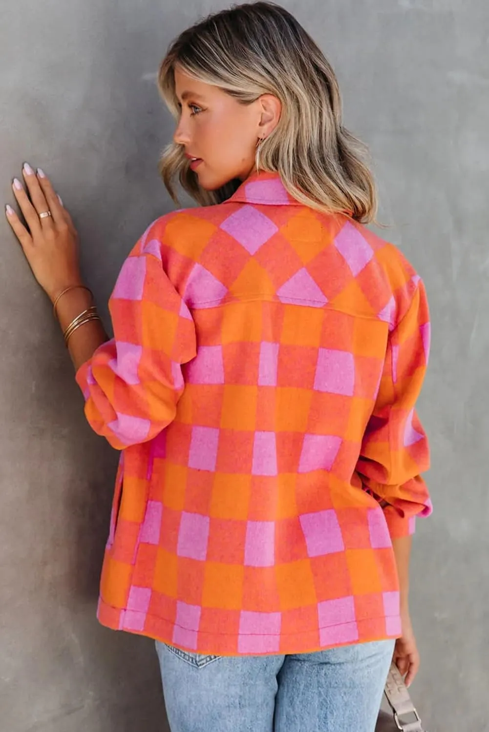 Women's Orange Plaid Chest Pocket Button-up Turn Down Collar Jacket
