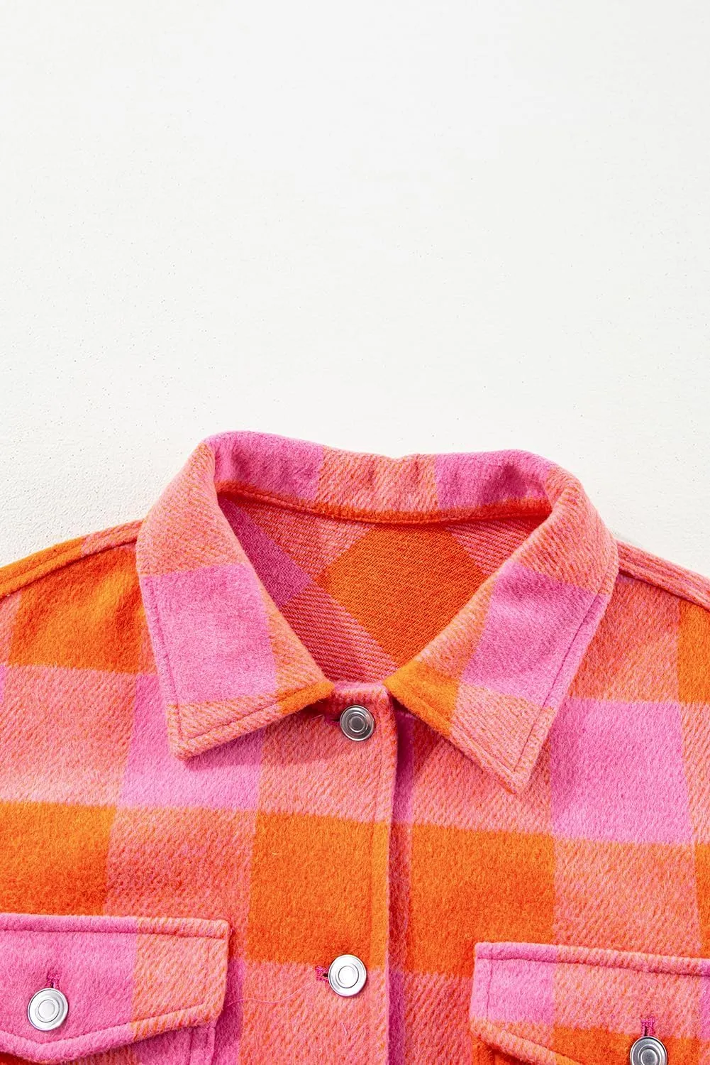 Women's Orange Plaid Chest Pocket Button-up Turn Down Collar Jacket
