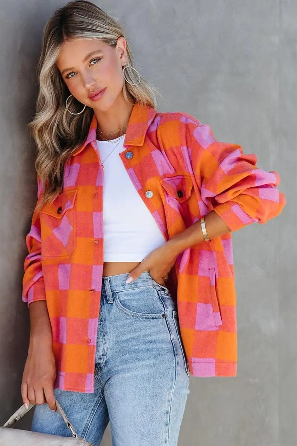 Women's Orange Plaid Chest Pocket Button-up Turn Down Collar Jacket
