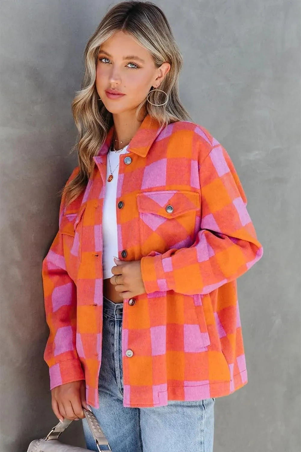 Women's Orange Plaid Chest Pocket Button-up Turn Down Collar Jacket