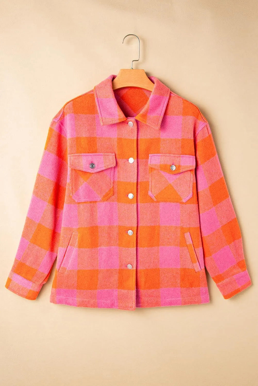 Women's Orange Plaid Chest Pocket Button-up Turn Down Collar Jacket