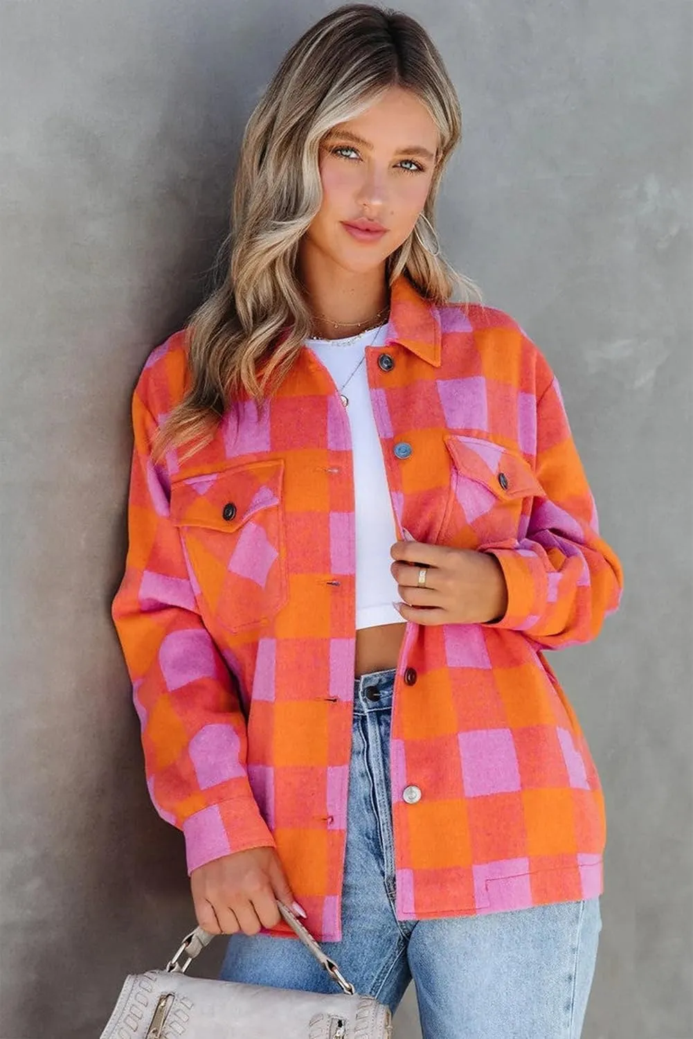 Women's Orange Plaid Chest Pocket Button-up Turn Down Collar Jacket