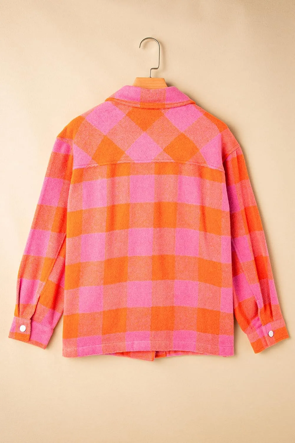 Women's Orange Plaid Chest Pocket Button-up Turn Down Collar Jacket