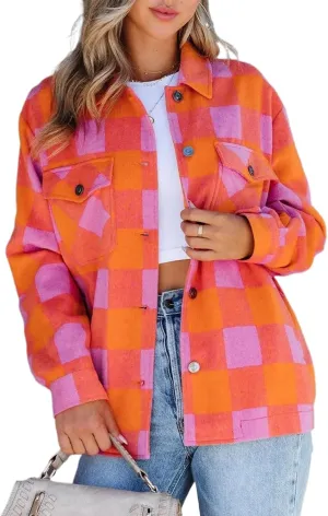 Women's Orange Plaid Chest Pocket Button-up Turn Down Collar Jacket