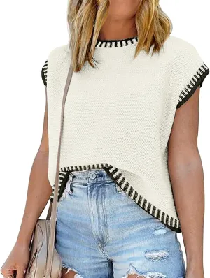 Women's Oversized Lightweight Cute Cap Sleeve Sweater Vest Spring 2025 Trendy Contrast Color Crewneck Thin Knit Top