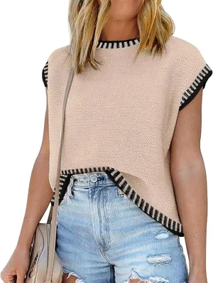 Women's Oversized Lightweight Cute Cap Sleeve Sweater Vest Spring 2025 Trendy Contrast Color Crewneck Thin Knit Top