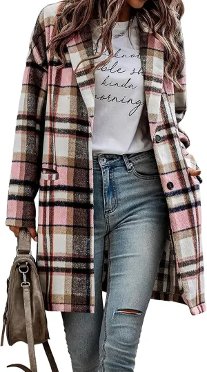Women's Plaid Shacket Jacket Casual Button Wool Blend Winter Tartan Trench Coat With Pockets