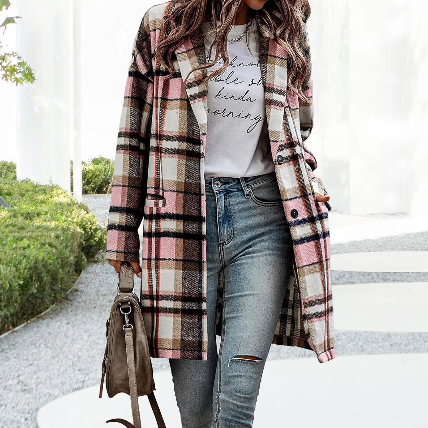 Women's Plaid Shacket Jacket Casual Button Wool Blend Winter Tartan Trench Coat With Pockets