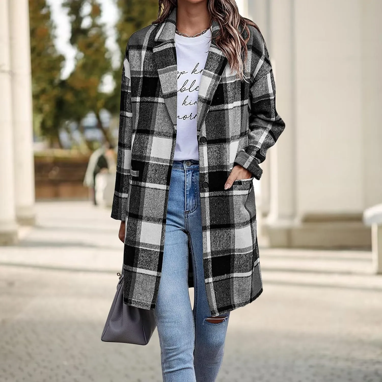 Women's Plaid Shacket Jacket Casual Button Wool Blend Winter Tartan Trench Coat With Pockets