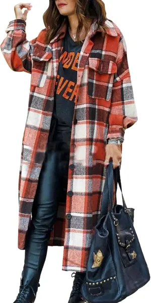 Women's Plaid Shacket Jacket Casual Button Wool Blend Winter Tartan Trench Coat With Pockets