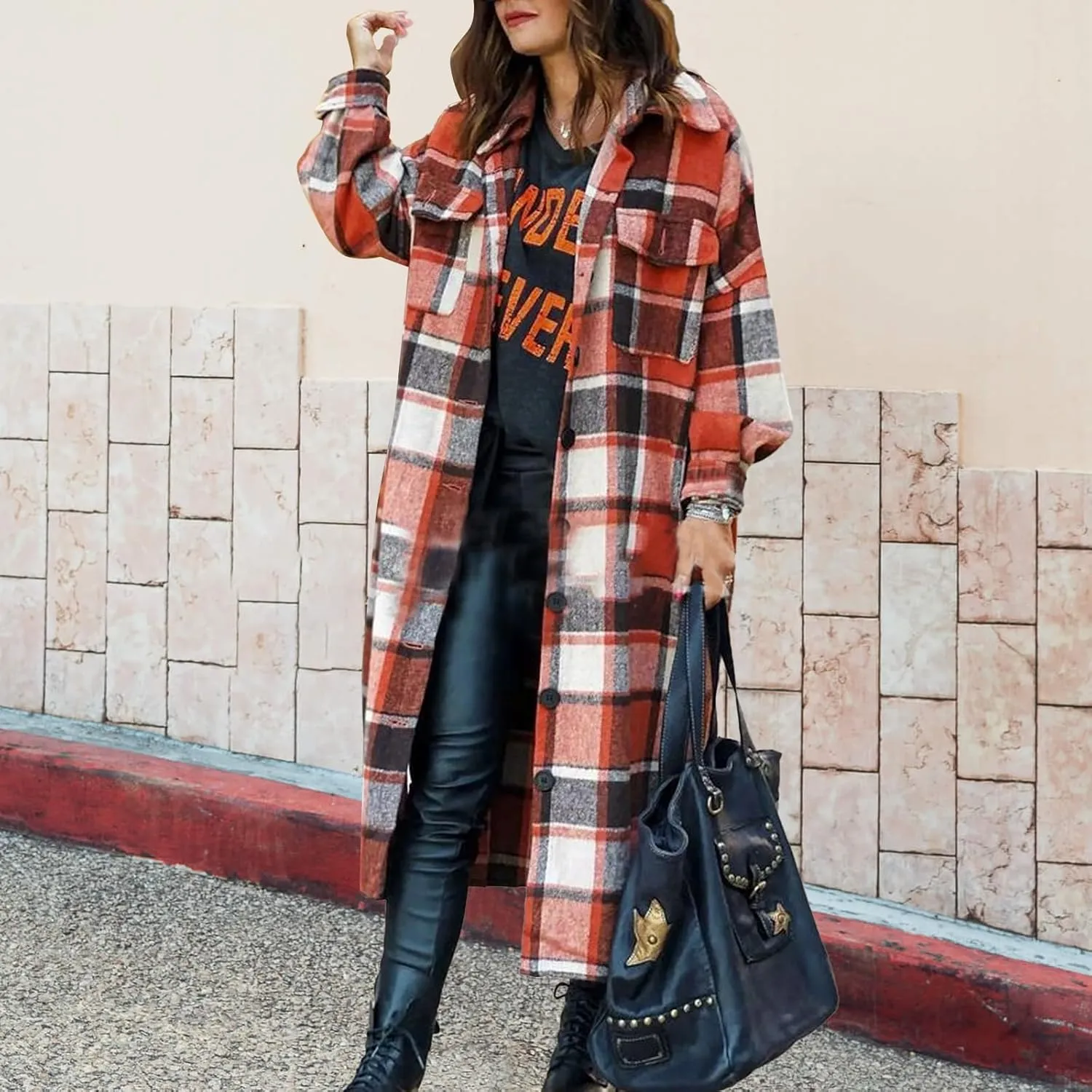 Women's Plaid Shacket Jacket Casual Button Wool Blend Winter Tartan Trench Coat With Pockets