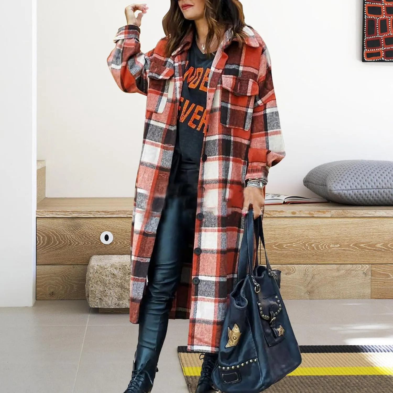 Women's Plaid Shacket Jacket Casual Button Wool Blend Winter Tartan Trench Coat With Pockets