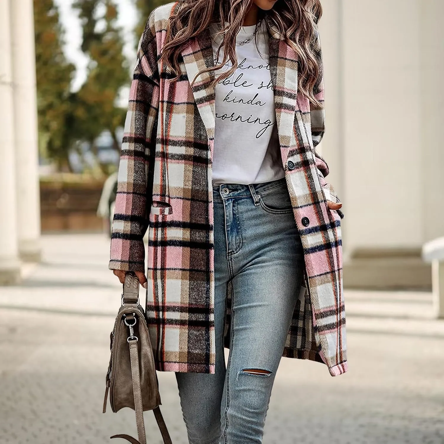 Women's Plaid Shacket Jacket Casual Button Wool Blend Winter Tartan Trench Coat With Pockets