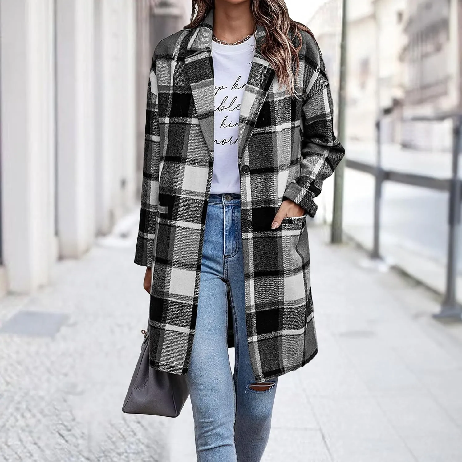 Women's Plaid Shacket Jacket Casual Button Wool Blend Winter Tartan Trench Coat With Pockets